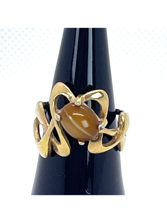 Unknown Jewelry - 18KT HGE Tiger Eye Ring MCM Gold Plate 70s Open Loop Abstract Size 6.25 Vintage